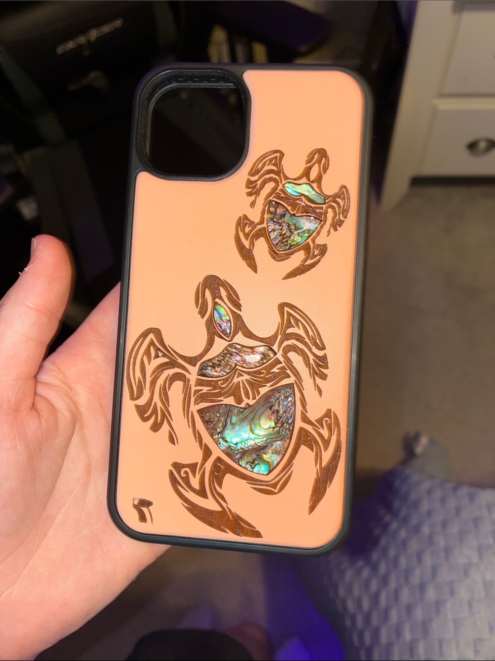 iPhone 15 Real Abalone Shell Turtle Design Phone Case - Peach